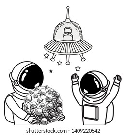 silhouette of astronaut and alien spacecraft in space