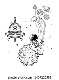 silhouette of astronaut and alien spacecraft in space