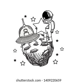 silhouette of astronaut and alien spacecraft in space