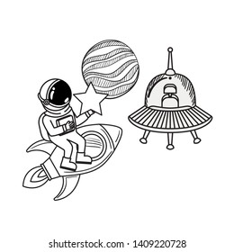 silhouette of astronaut and alien spacecraft in space