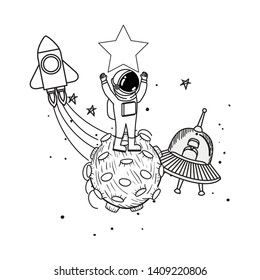 silhouette of astronaut and alien spacecraft in space