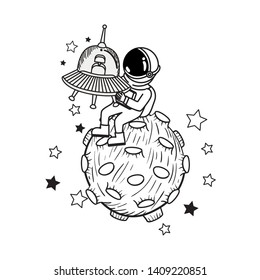 silhouette of astronaut and alien spacecraft in space