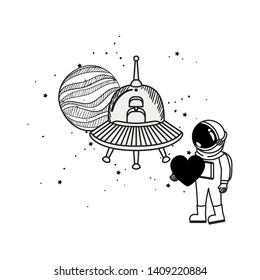 silhouette of astronaut and alien spacecraft in space