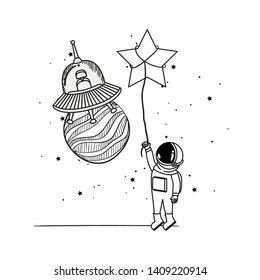 silhouette of astronaut and alien spacecraft in space