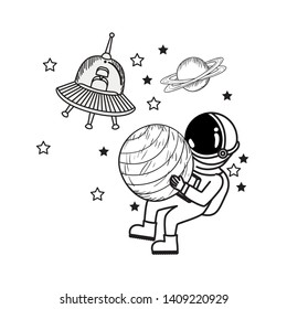 silhouette of astronaut and alien spacecraft in space