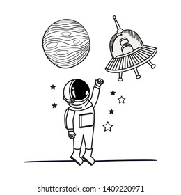 silhouette of astronaut and alien spacecraft in space