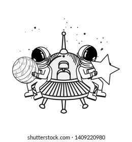 silhouette of astronaut and alien spacecraft in space