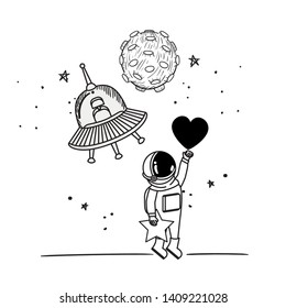 silhouette of astronaut and alien spacecraft in space
