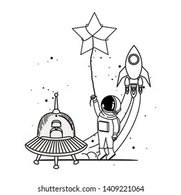 silhouette of astronaut and alien spacecraft in space