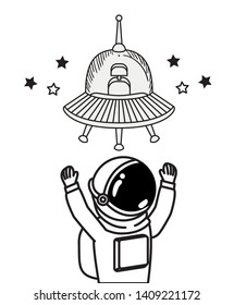 silhouette of astronaut and alien spacecraft in space