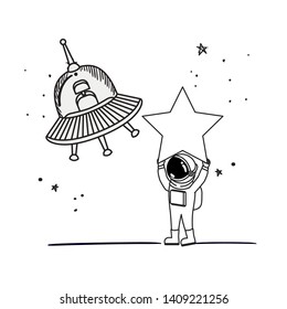silhouette of astronaut and alien spacecraft in space