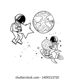 silhouette of astronauts with space suit in space