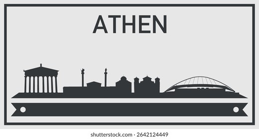  Silhouette of Athen city skyline with minimalistic design in black and gray color scheme and decorative ribbon for text on the bottom. Vector on a gray background