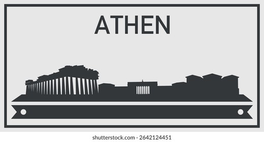  Silhouette of Athen city skyline with minimalistic design in black and gray color scheme and decorative ribbon for text on the bottom. Vector on a gray background