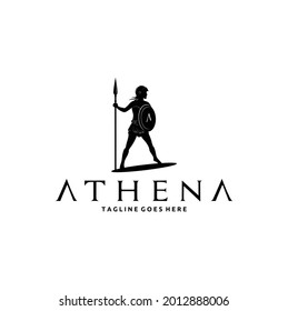 Silhouette of Athena Minerva with Shield and Spear, The Beauty Greek Roman Goddess Logo Design