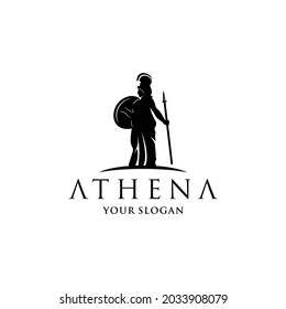 Silhouette of Athena Minerva with Shield and Spear and moon, The Beauty Greek Roman Goddess Logo Design