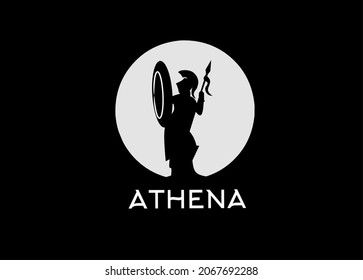 Silhouette of Athena Minerva with Shield and Spear, The Beauty Greek Roman Goddess Logo Design