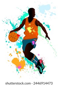 Silhouette of an athlete against the background of multi-colored spots and colorful splashes.