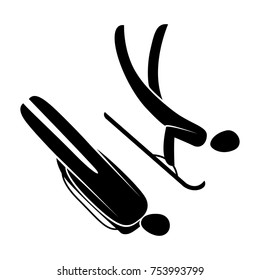 Silhouette athlete driving bobsled, bobsleigh, skeleton, luge isolated. Winter sport games discipline. Black and white flat slyle design vector illustration. Web pictogram icon symbol