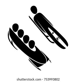 Silhouette athlete driving bobsled, bobsleigh, skeleton, luge isolated. Winter sport games discipline. Black and white flat slyle design vector illustration. Web pictogram icon symbol