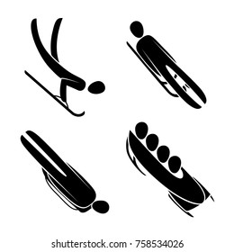 Silhouette athlete driving bobsled, bobsleigh, skeleton, luge isolated. Winter sport games discipline. Black and white flat slyle design vector illustration. Web pictogram icon symbol