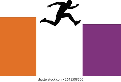Silhouette of an athlete jumping between two blocks colored orange and purple in a vector illustration style, symbolizing agility and movement. Energetic and dynamic mood.