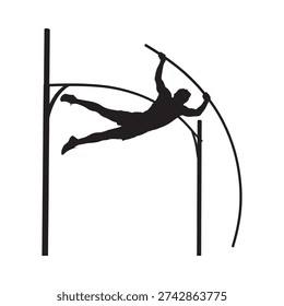 Silhouette of an athlete performing a pole vault jump in action