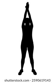 Silhouette of athlete warming up before exercising, stretching arms above head. Vector illustration