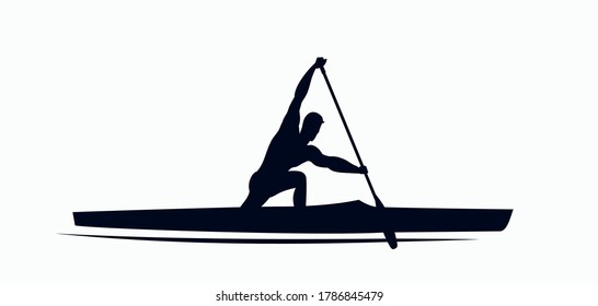 Silhouette of an athlete who is engaged in kayaking, standing in support on one knee. Sports logo, kayak symbol. Vector flat design illustration.