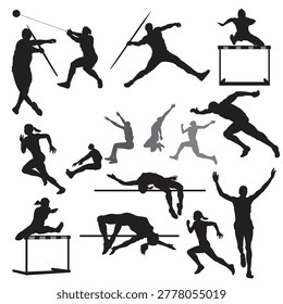 Silhouette athletes performing various track and field events with high jump long jump pole vault