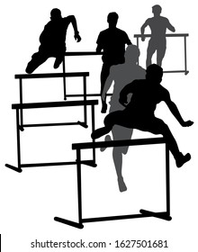 Silhouette Of Athletes Running Hurdles Track And Field, Vector Illustration