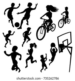 Silhouette athletes vector isolated images on a white background. Set of people involved in different kinds sports - football, running, cycling, basketball. Active rest, fitness and healthy lifestyle.