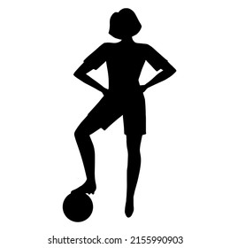Silhouette of athletic slim girl football soccer player standing with her feet on the ball. Black color art silhouette contour isolated on white background. Vector illustration.