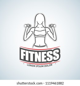 Silhouette of athletic woman with dumbbells. Gym club logotype. Sport Fitness club creative concept. Bodybuilder Fitness Model Illustration, Sign, Symbol, badge.