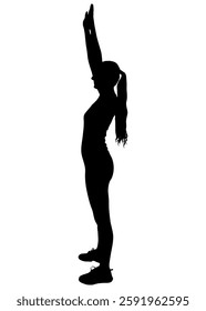 Silhouette of athletic woman stretching arms upwards. Vector illustration.