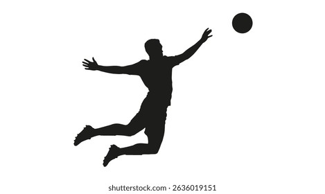 Silhouette of an athletic young man jumping after a ball while playing soccer