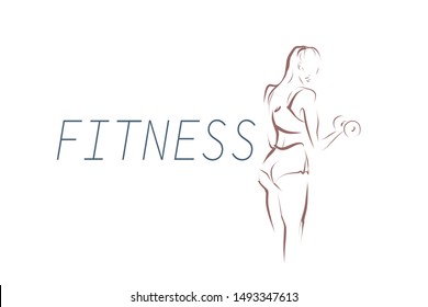 Silhouette of athletic young woman with dumbbell in hand. Female body, figure. Hand drawn illustration, vector