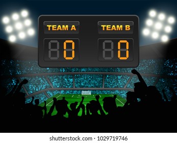 silhouette of audience in soccer stadium with scoreboard in vector illustration. concept for football result template use in web or mobile phone application