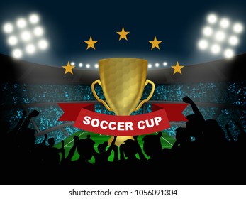 silhouette of audience in soccer stadium with soccer trophy cup in vector illustration. concept for football result template use in web or mobile phone application or soccer banner template