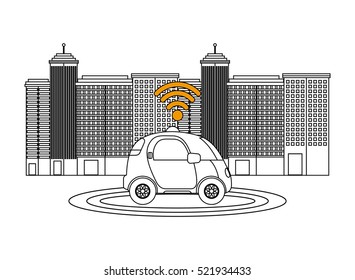 silhouette of autonomous car vehicle with wireless waves over city background. ecology,  smart and techonology concept. vector illustration
