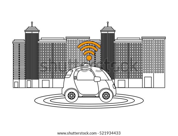 silhouette of autonomous car vehicle with\
wireless waves over city background. ecology,  smart and\
techonology concept. vector\
illustration