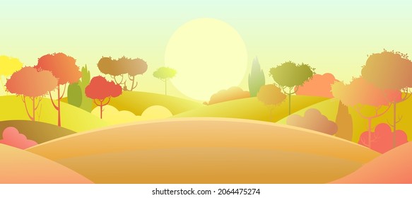 Silhouette autumn landscape. Beautiful scenic plant. Horizontal. Cartoon style. Hills with grass and trees. Cool romantic pretty. Flat design background illustration. Vector art.