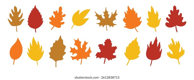 silhouette autumn leaves, yellow, orange and red herbal elements. fall simple leaves. silhouettes of autumn botanical flat isolated leaves. Vector illustration