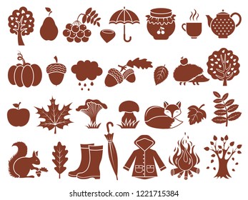 Silhouette of autumn symbols. Monochrome icons set of autumn. 
