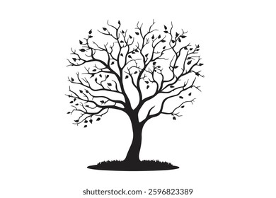 A silhouette of autumn tree with leaves vector illustration on white background.