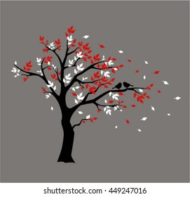 Silhouette autumn tree with love birds 