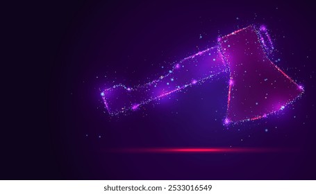 Silueta de un hacha hecha de puntos brillantes y multicolores, que se asemejan a estrellas. Las vibrantes partículas trazan la hoja y el mango, simbolizando la fuerza, la artesanía y la precisión atemporal de la herramienta.