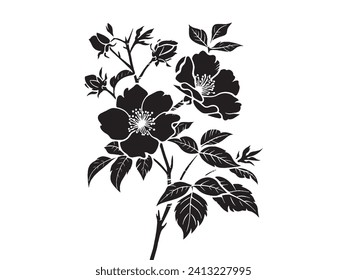 Silhouette Of Azaleas Flower isolated on white. Woodblock Printing Minimalist African flower illustration