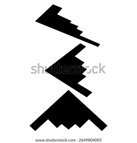 Silhouette of a B-2 bomber plane in a stylized, Flat B2 Bomber icons