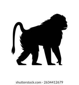Silhouette of a baboon walking with its tail curved upwards on a plain white background in vector format